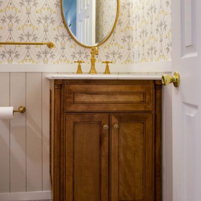 bath vanity in a bright bathroom 