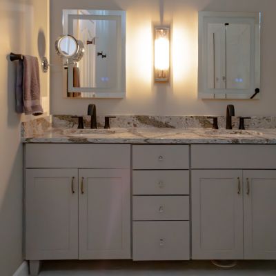 bath remodel with custom vanities and countertops