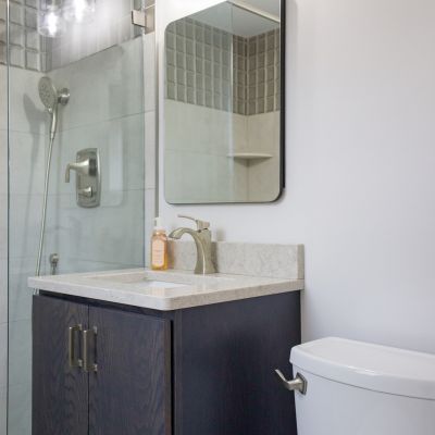 Mentor, OH, bath remodel with stone countertops and blue vanity